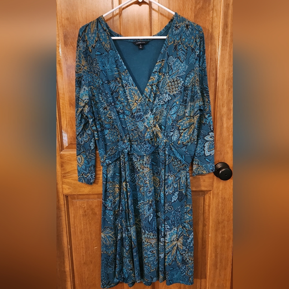 Land's End Teal Floral Wrap Dress - Women's Casual 3/4 Sleeve